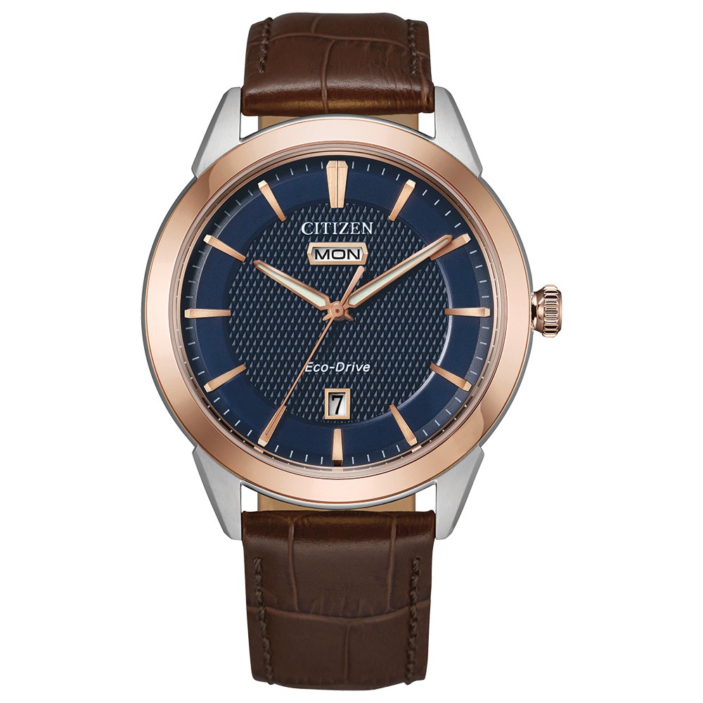 Relógio Citizen Masculino Rolan Eco-Drive Bicolor Mostrador Azul Pulseira Couro Marrom AW0096-06L