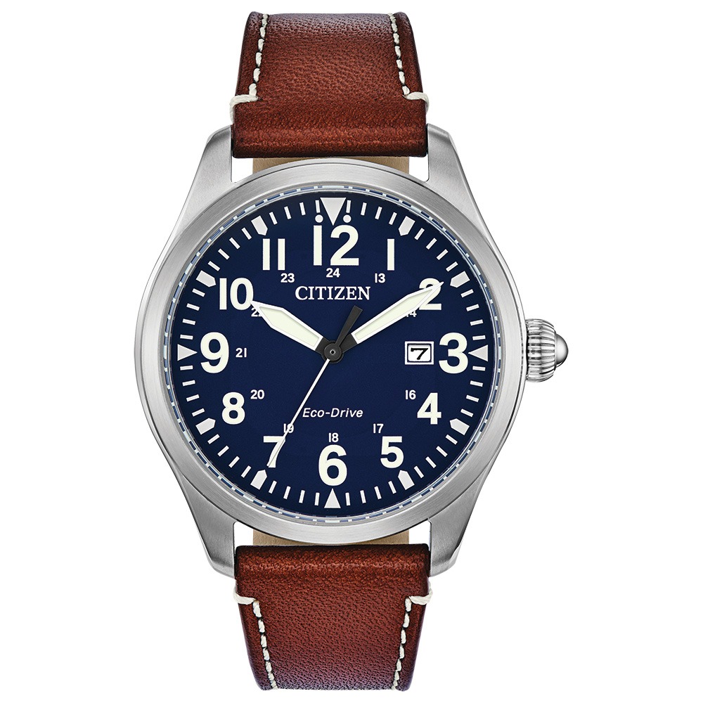 Relógio Citizen Masculino Garrison Eco-Drive com Mostrador Azul e Pulseira de Couro Marrom BM6838-17