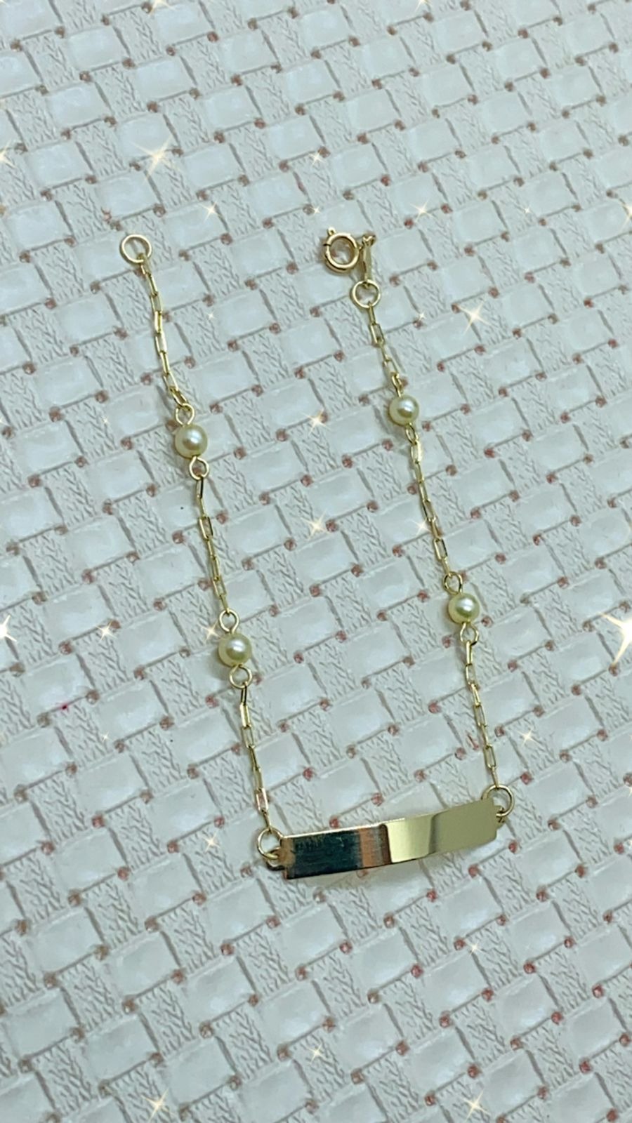  Pulseira em Ouro 18k Infantil Placa Pérolas