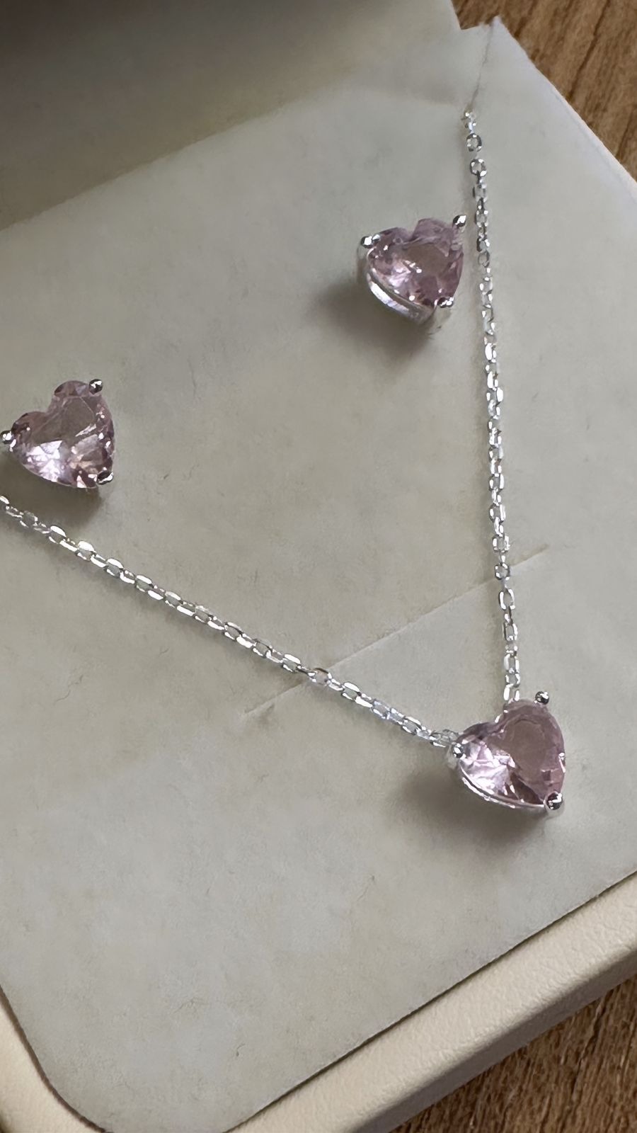 Conjunto em Prata Coração Zircônia Rosa