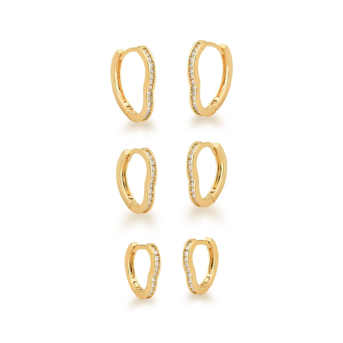 Kit em Semijoia Trio de Brincos Argolas de Coração com Zircônias