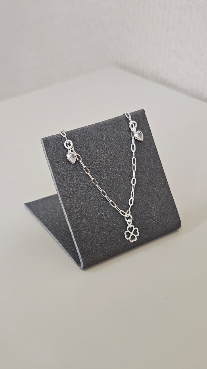  Pulseira em Prata Elo Trevo e Corações 