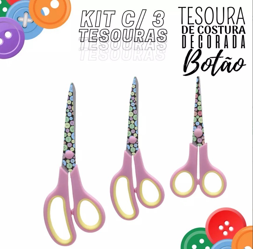 Tesoura Para Costura Decorada Diversos Modelos Kit C/ 03  - Botão